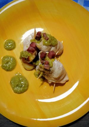 A picture of Chicken Roll-Ups with Pea Cream Sauce.