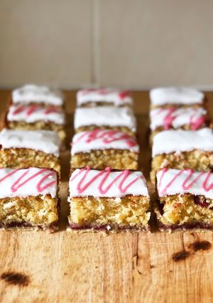 A picture of Cherry & Coconut Bakewell Slice.