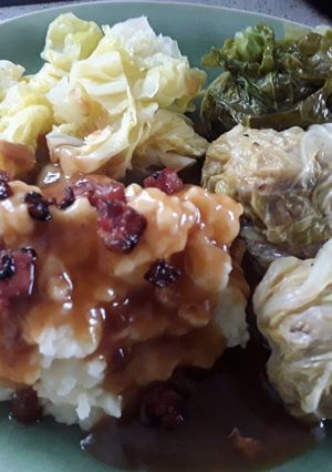 A picture of Sig's German style stuffed cabbage rolls with creamy mash.