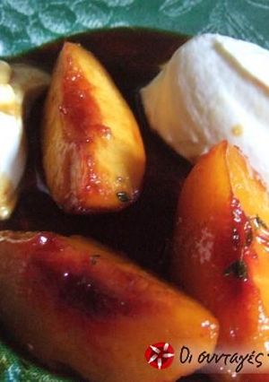 A picture of Caramelized peaches with honey, thyme and yogurt.