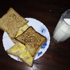 A picture of Pan toasted bread, bananas and milk #kidsrecipecontest.