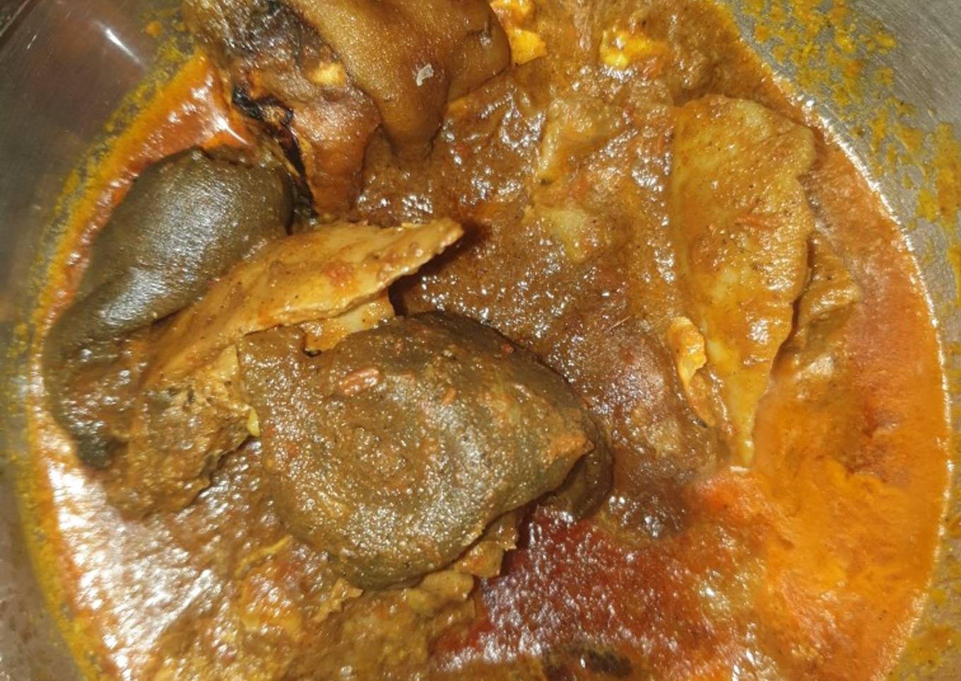 Frayed yam with ram head soup