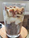 Vanilla-Scented Coffee Chia Pudding with Greek Yogurt, Banana, and Walnuts