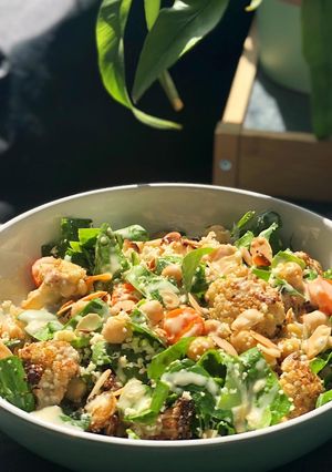A picture of Roast Cauliflower/Veg Salad with Tahini Dressing.