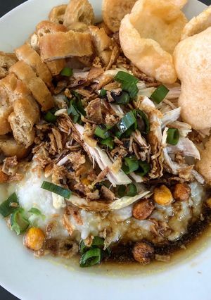 A picture of Indonesian Bubur Ayam - Chicken Congee.