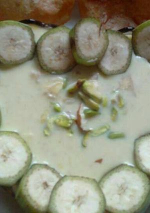 A picture of Janmashtami RAW BANANA KHEER And RAJGARA PURI.