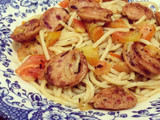 Spaghetti Aglio Olio with Tomato and Bockwurst