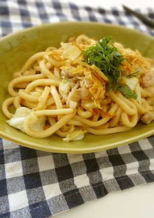 A picture of Yaki Udon with Umeboshi, Mayo, and Ponzu.