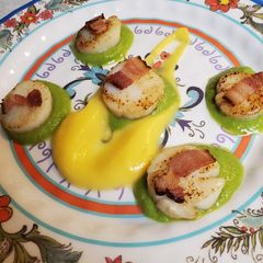 A picture of Brad's Sea Scallop Appetizer with Maple Butternut and Pea Puree.