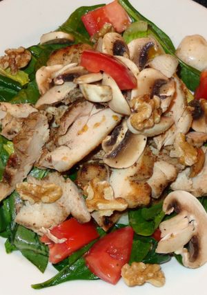 A picture of Roasted Chicken Thighs with Spinach and Mushroom Salad.