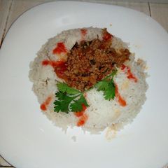 A picture of Minced meat served with rice.