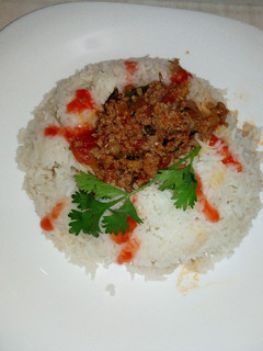A picture of Minced meat served with rice.
