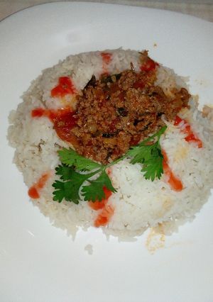 A picture of Minced meat served with rice.