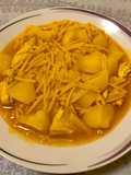 Caldillo de fideos gordos con pollo y patata