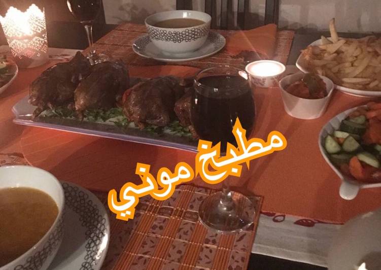 حمام محشي بالارز الخلطة وشوربة لسان العصفور وبطاطس محمر