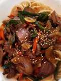 Sauted Pork liver, onion and chili over pasta 辣椒洋葱猪肝盖浇面