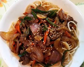 Unique Cuisine Sauted Pork liver onion and chili over pasta  Delicious Perfect