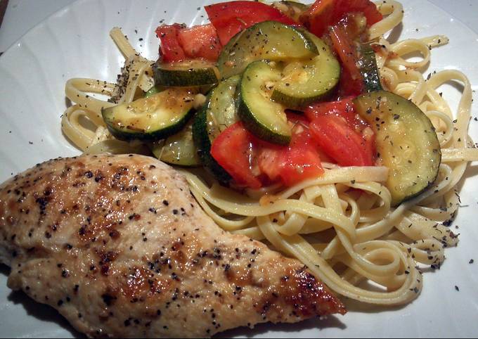 EZ Lemon Pepper Chicken with Rosemary Zucchini over Pasta