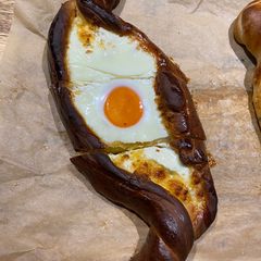 Traditional Khachapuri A picture of Traditional Khachapuri.