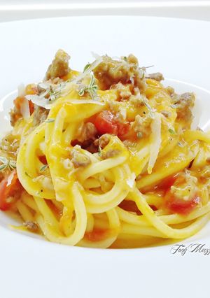 A picture of Spaghetti alla Chitarra with Cherry Tomato Cream and Tastasale Ragù.