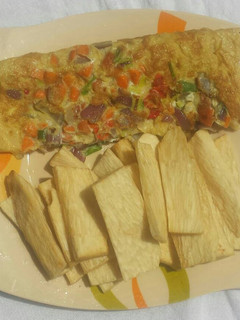 A picture of Fried yam and omelette.