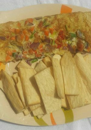 A picture of Fried yam and omelette.
