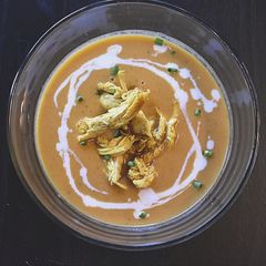 Butternut squash and curry soup with chicken A picture of Butternut squash and curry soup with chicken.