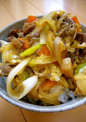 A picture of Easy Sukiyaki-Style Beef Bowl with Scallions.