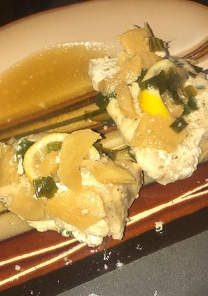 A picture of Oven baked Thai style mahi mahi with ginger, lemon,and chives.