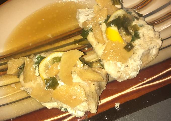 Recipe of Super Quick Homemade Oven baked Thai style mahi mahi with
ginger, lemon,and chives