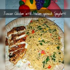 Tuscan Chicken with White Sauce and Italian Spinach Spaghetti A picture of Tuscan Chicken with White Sauce and Italian Spinach Spaghetti.