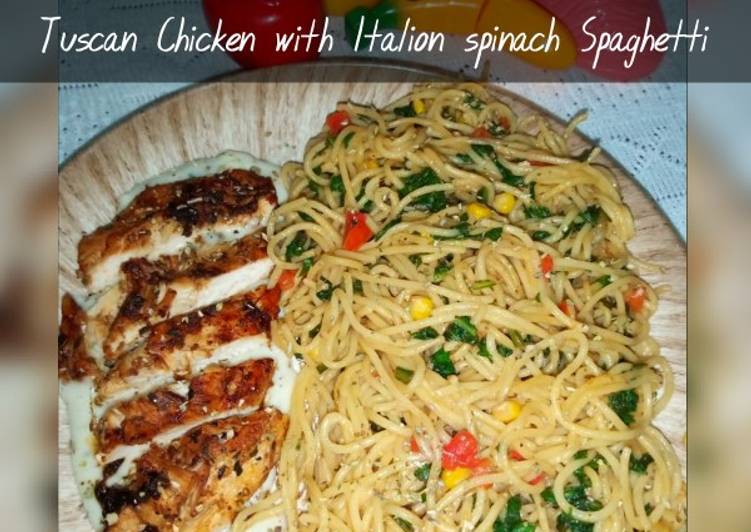 Tuscan Chicken with White Sauce and Italian Spinach Spaghetti