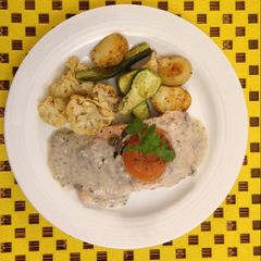 Salmon poached in mushroom cream A picture of Salmon poached in mushroom cream.