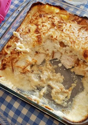 Una foto de Pechuga de pollo al horno, con nata y queso