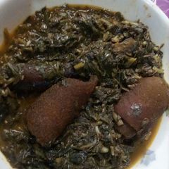A picture of Water leaf and ugu soup.