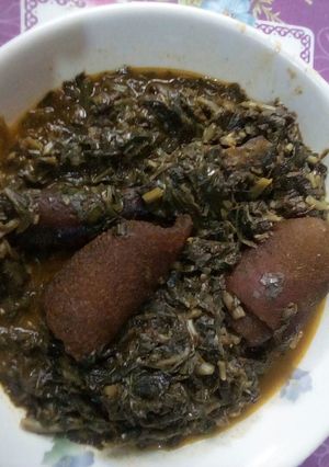 A picture of Water leaf and ugu soup.
