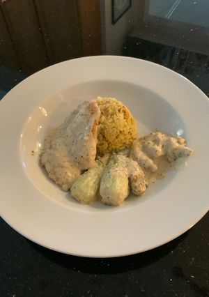 A picture of Creamy Lemon Chicken with Artichokes and Bok Choy.