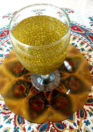 A picture of Chia seed and rose water saffron drink.
