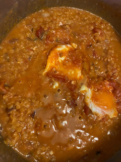 A picture of Red Lentil Dahl with Eggs.