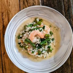 A picture of Risotto with Asparagus & Shrimp.