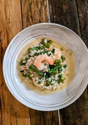 A picture of Risotto with Asparagus & Shrimp.