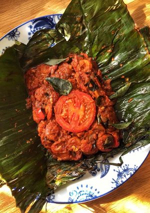 A picture of Prawn Pollichathu (Prawn cooked in Plantain leaf).