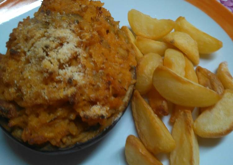 Melanzane ripiene di riso con contorno di patatine al forno 😃