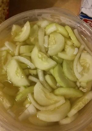 A picture of Old-fashioned Cucumbers & Onions in Vinegar "Dressing".