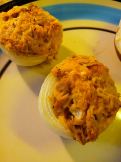 A picture of Tuna Stuffing, Stuffed in an Onion.