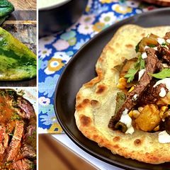 A picture of Wagyu Beef, Roasted Poblano Pepper, Potato, and Corn Fajitas.