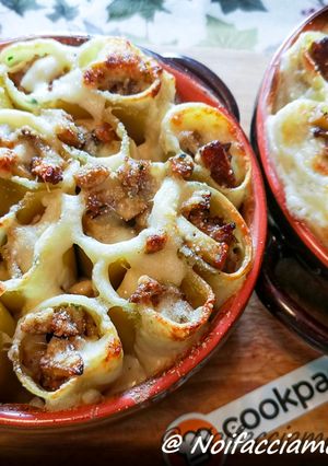 A picture of Stuffed Paccheri with Sausage and Porcini Mushrooms.