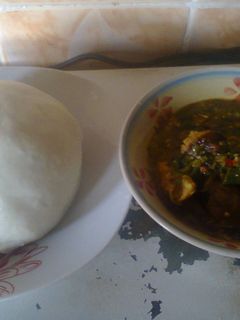 A picture of Pounded yam and Okro soup.