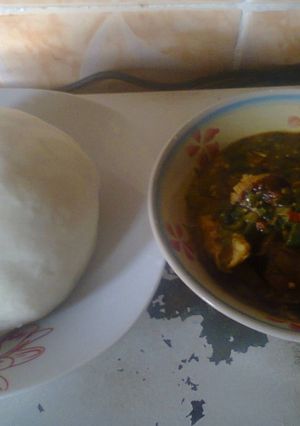 A picture of Pounded yam and Okro soup.