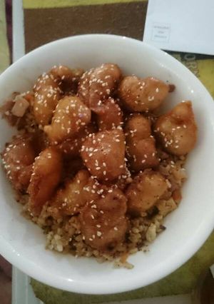 A picture of Honey chicken with fried rice.